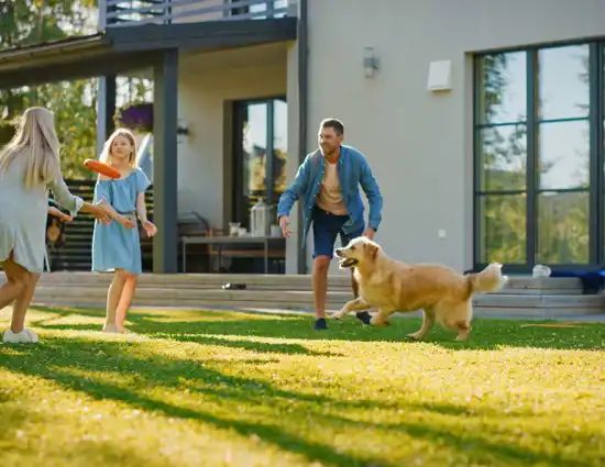 Family Playing With Golden Retriever