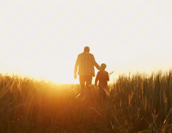 man and son walking in field during sunset